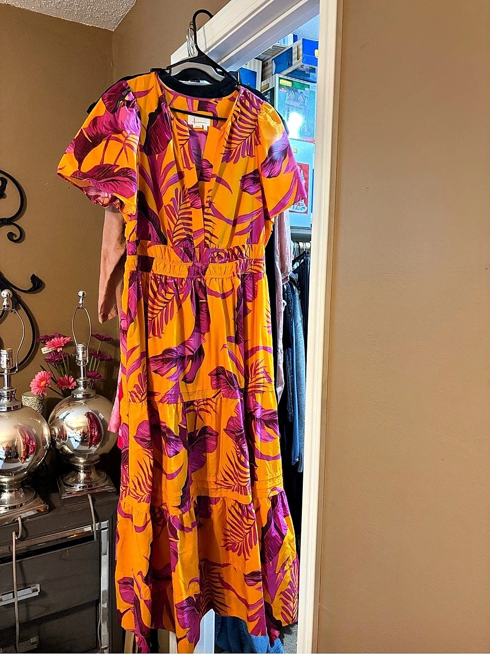 Anthropologie Floral Maxi Somerset Dress in Orange & purple & pink